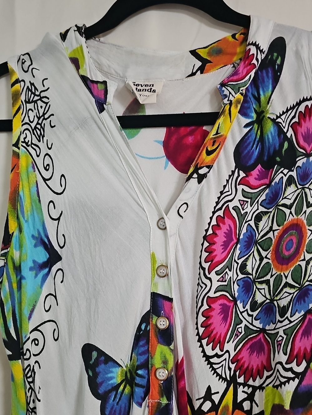 Sleeveless White Dress with Colorful Floral & Butterfly Print - Picture 2 of 6